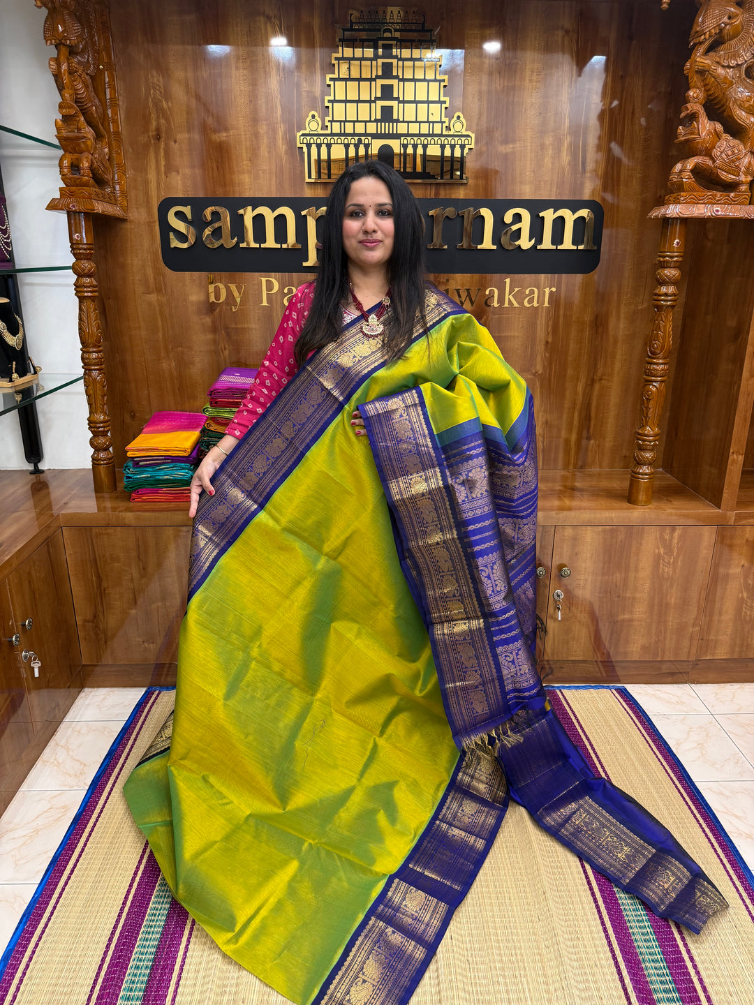 Sneha Green with Dark Blue , Traditional Big Kanchi Borders and rich Pallu Korvai Silk Cotton Saree