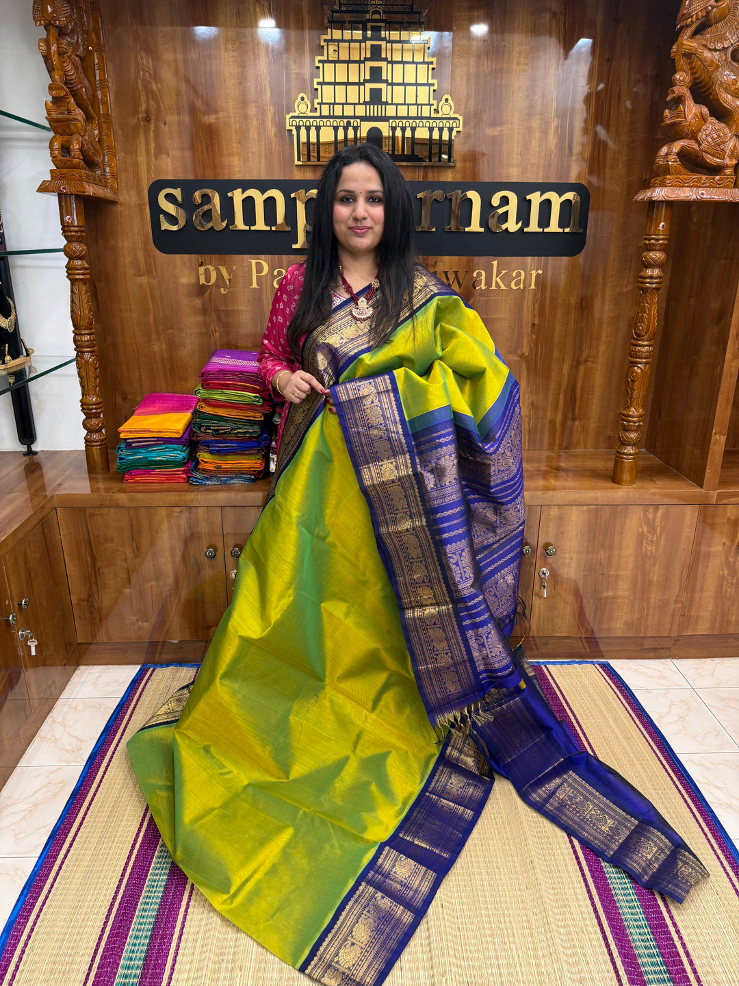 Sneha Green with Dark Blue , Traditional Big Kanchi Borders and rich Pallu Korvai Silk Cotton Saree
