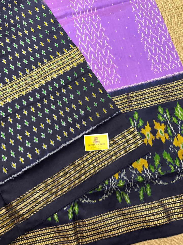 Lavender with Dark Blue , one side big border and blouse design ,rich Pallu Pochampally Ikkat Silk Saree