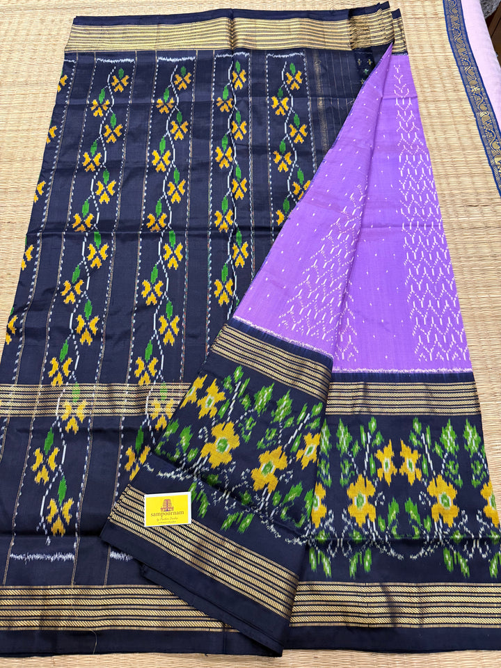 Lavender with Dark Blue , one side big border and blouse design ,rich Pallu Pochampally Ikkat Silk Saree