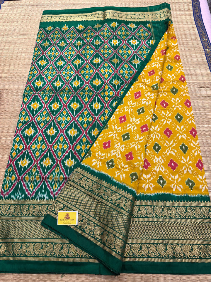 Fenugreek with Green with Blouse design rich kanchi border with Grand Pallu Pochampally Ikkat Silk Saree