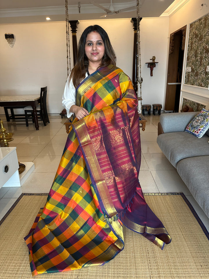 Pallum Pazham Checks With Butta and Maroon Pallu , Zari Lines in Body Silk Cotton Saree