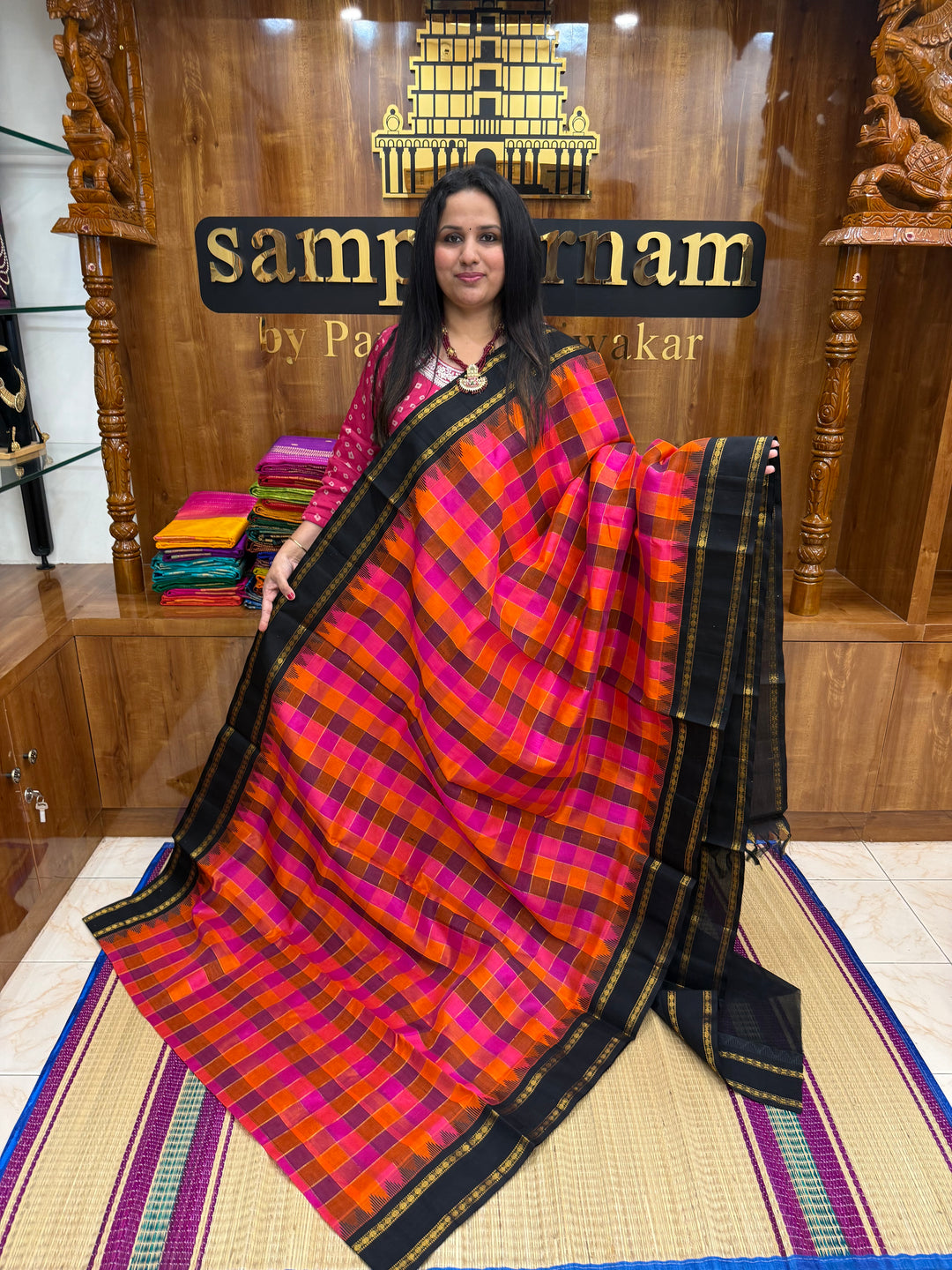 Pink , Orange , Purple with Black  , Pallum Pazham checks with rettapet borders and rich Pallu Korvai Silk Cotton Saree