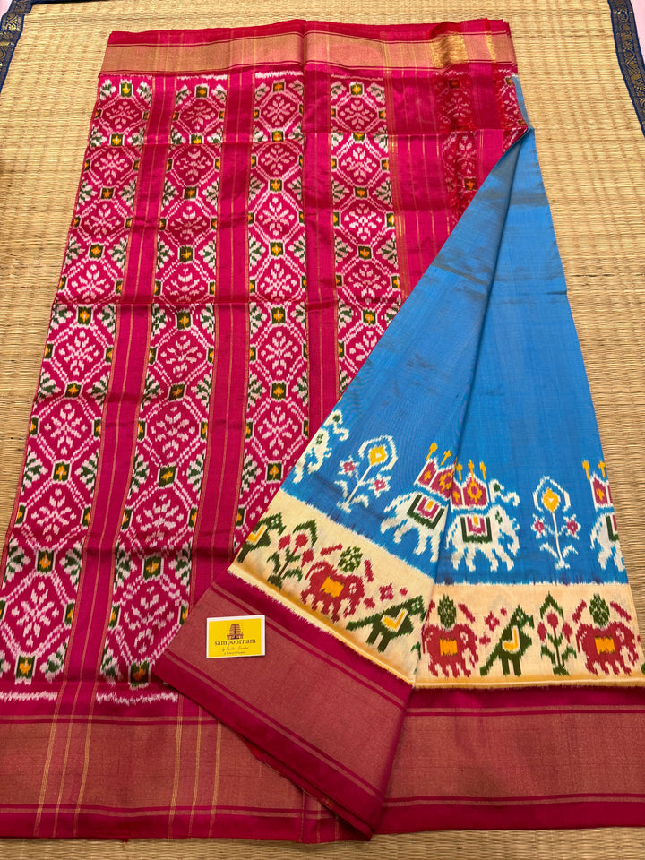 Blue with Pink and blouse design ,traditional border and rich Pallu Pochampally Ikkat Silk Saree