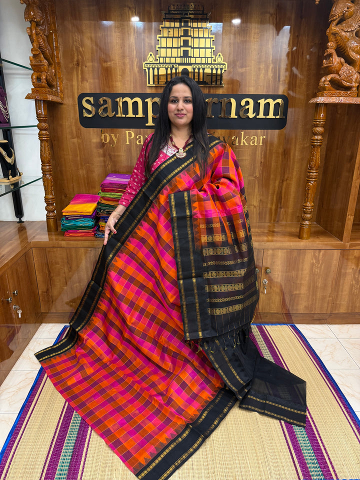 Pink , Orange , Purple with Black  , Pallum Pazham checks with rettapet borders and rich Pallu Korvai Silk Cotton Saree