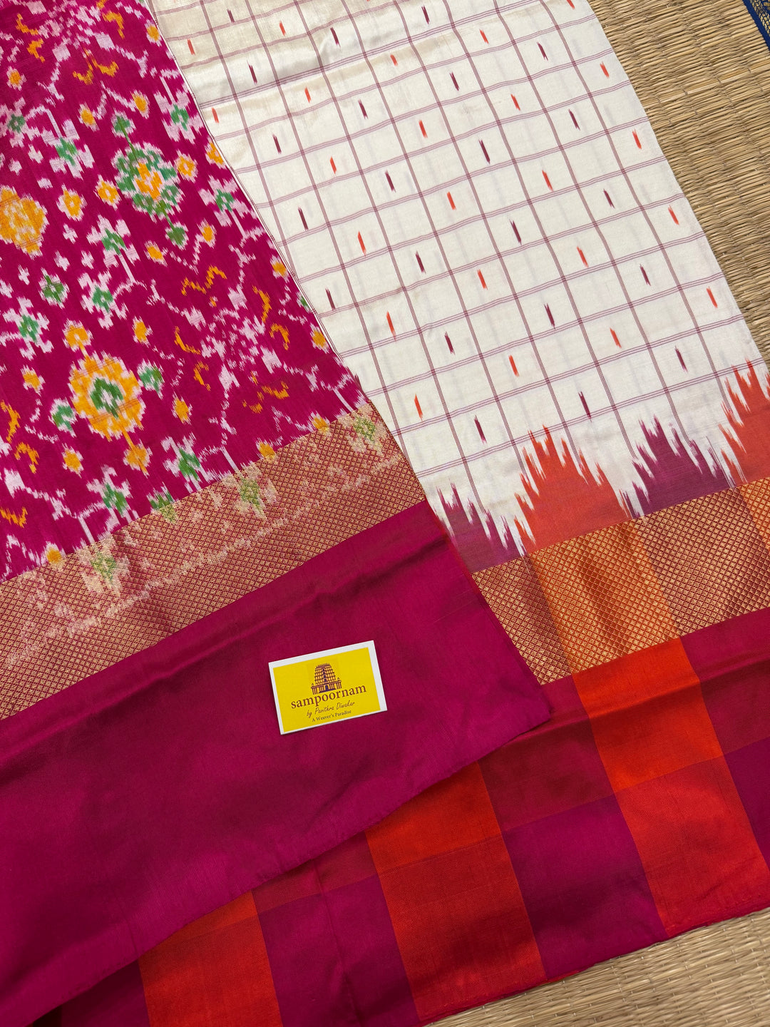 Offwhite with Pink , body checks and temple border , blouse design and rich Pallu Pochampally Ikkat Silk Saree