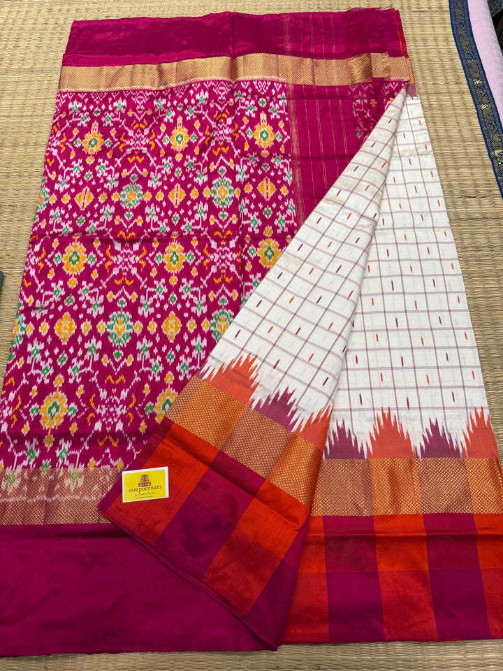 Offwhite with Pink , body checks and temple border , blouse design and rich Pallu Pochampally Ikkat Silk Saree