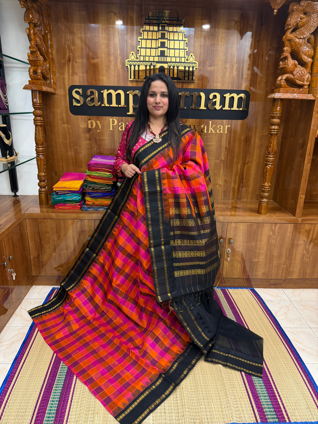 Pink , Orange , Purple with Black  , Pallum Pazham checks with rettapet borders and rich Pallu Korvai Silk Cotton Saree