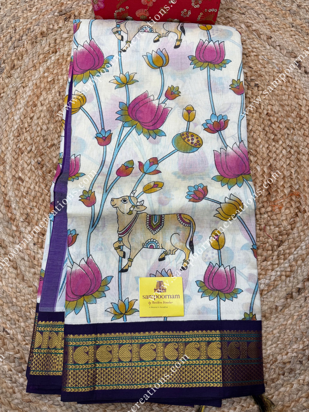 Offwhite with Dark Purple , Traditional Borders and  rich Pallu Pichwai Printed Korvai Silk Cotton Saree