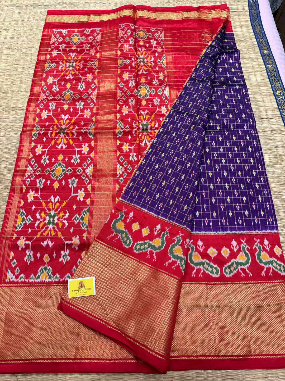 Purple with Red , rich Kanchi one side big border and grand Pallu with Blouse design Pochampally Ikkat Silk Saree