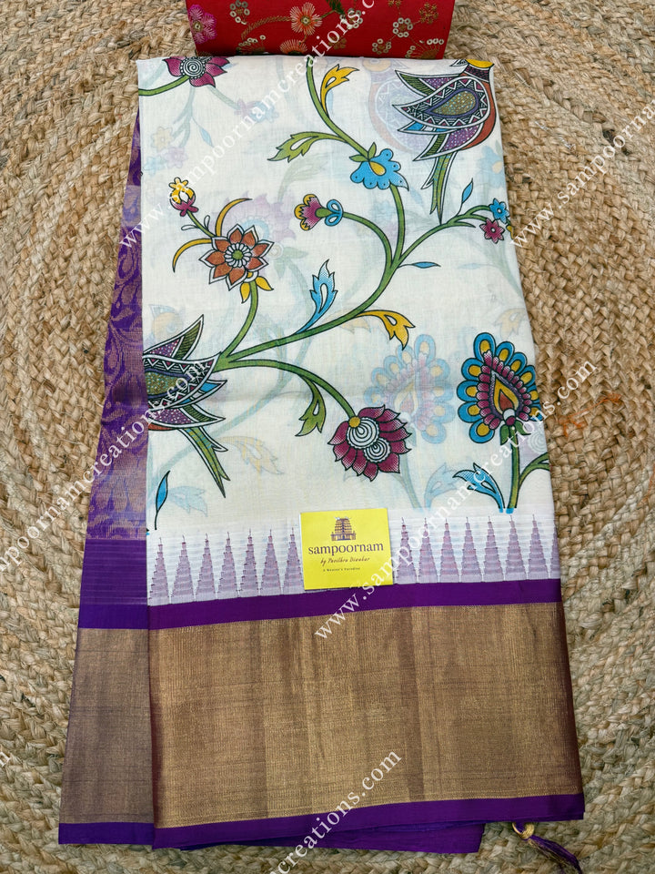 Offwhite with Dark Magenta , Floral Madhubani  Prints all over the body , Tissue Border with Temple design  and Rich Pallu Korvai Silk Cotton Saree