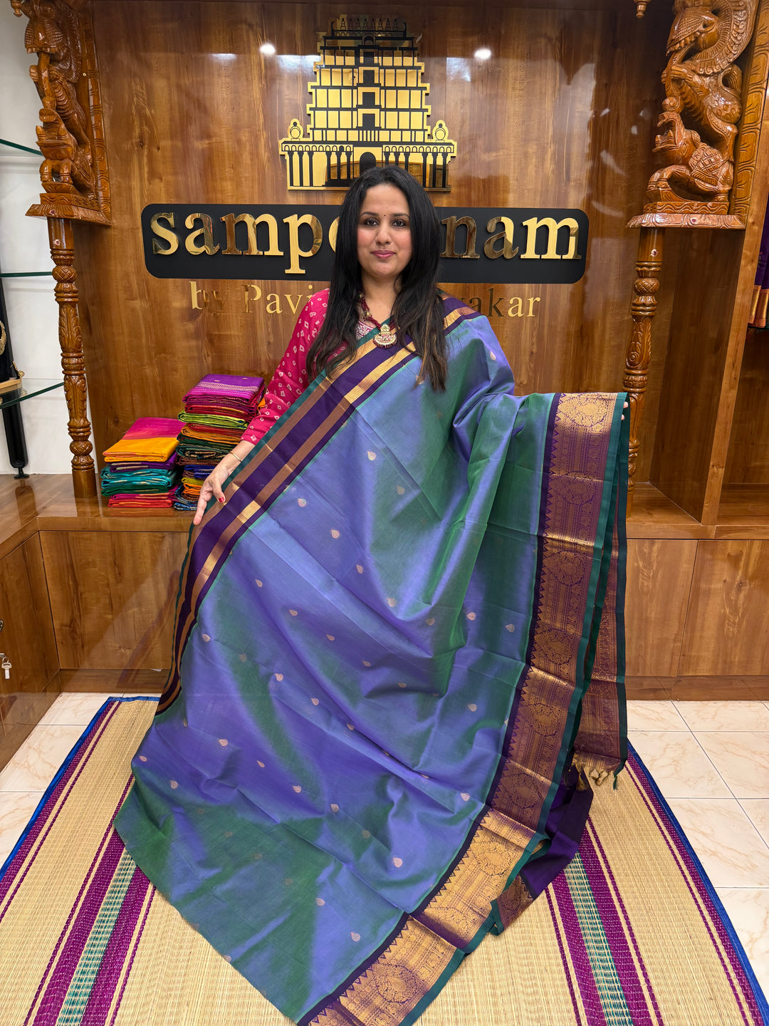 Mayilkazhuthu Blue with Violet  , rich Thilagam Zari butta  with OneSide Big Borders and rich Pallu Korvai Silk Cotton Saree