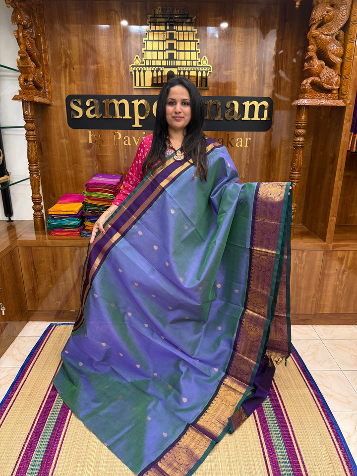 Mayilkazhuthu Blue with Violet  , rich Thilagam Zari butta  with OneSide Big Borders and rich Pallu Korvai Silk Cotton Saree