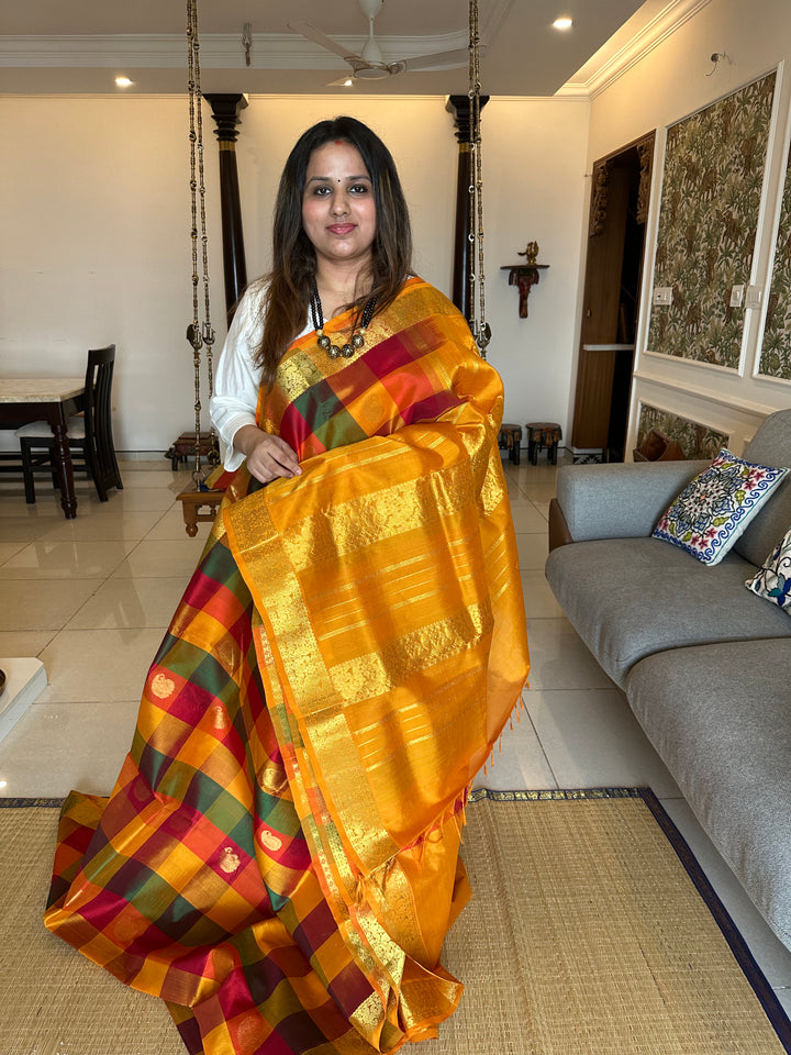 Pallum Pazham Checks with Rich Mango Butta And Mustard Border and Pallu Silk Cotton Saree