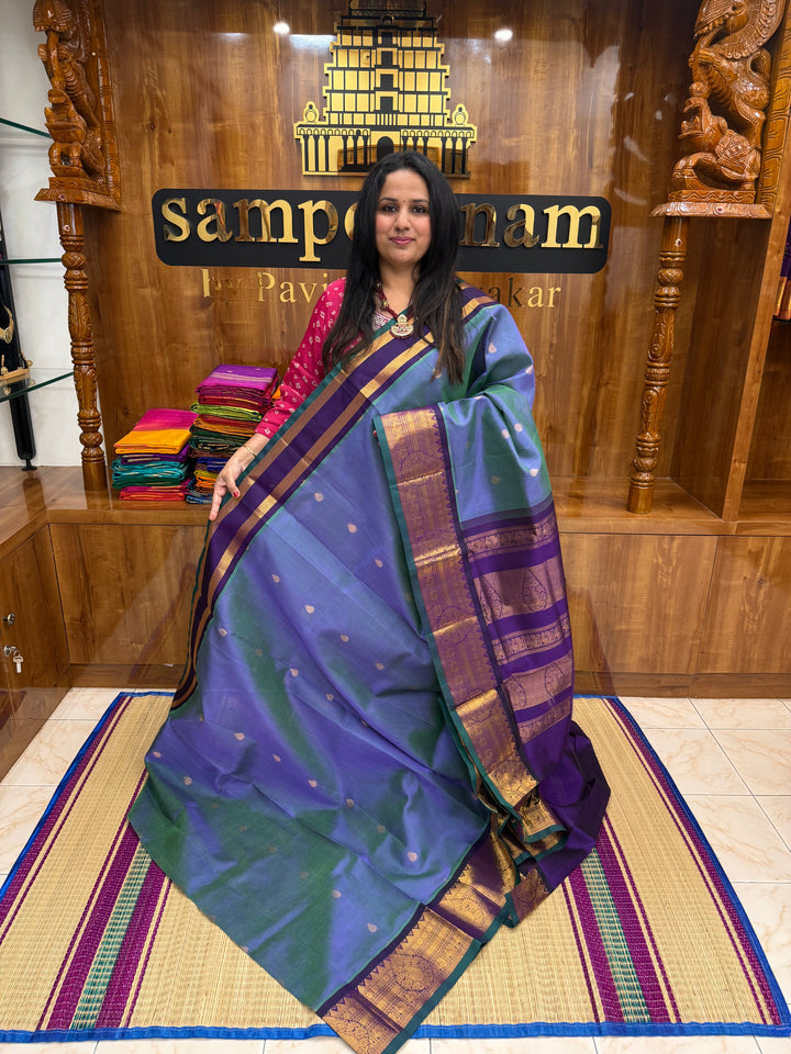 Mayilkazhuthu Blue with Violet  , rich Thilagam Zari butta  with OneSide Big Borders and rich Pallu Korvai Silk Cotton Saree