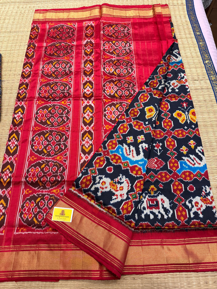 Blue with Red , Kanchi border and rich Pallu Pochampally Ikkat Silk Saree