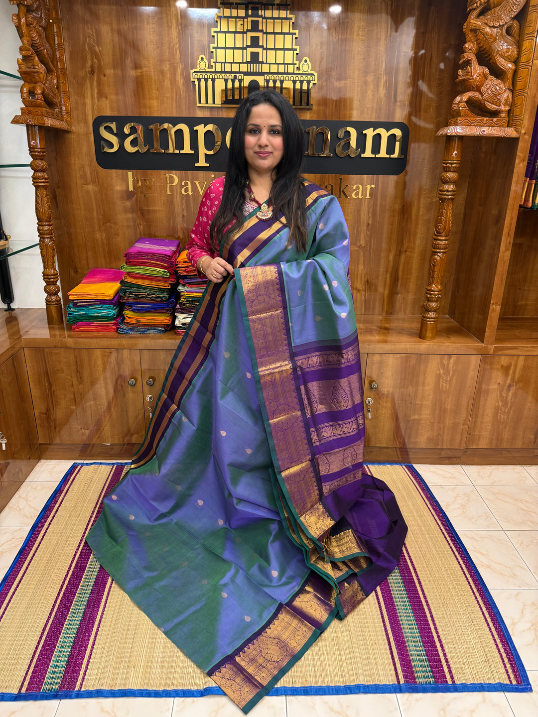 Mayilkazhuthu Blue with Violet  , rich Thilagam Zari butta  with OneSide Big Borders and rich Pallu Korvai Silk Cotton Saree