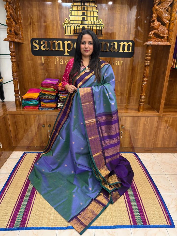 Mayilkazhuthu Blue with Violet  , rich Thilagam Zari butta  with OneSide Big Borders and rich Pallu Korvai Silk Cotton Saree
