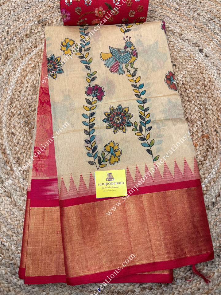 Dark Beige with Red , Floral Madhubani  Prints all over the body , Tissue borders with Temple design and rich Pallu Korvai Silk Cotton Saree