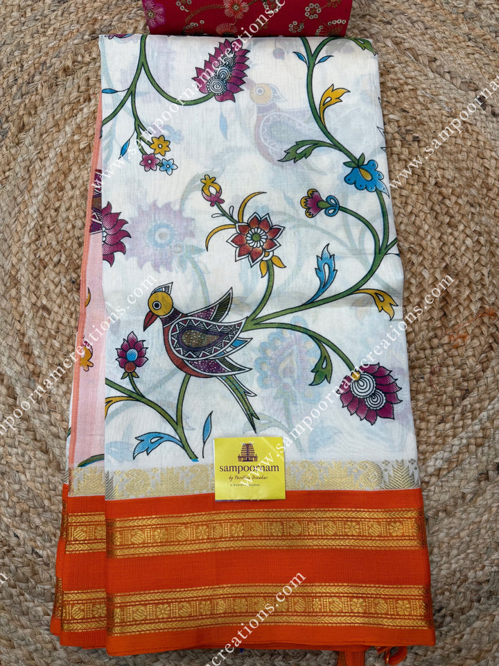 Offwhite with Orange , Floral Madhubani  Prints all over the body , rettapet borders with temple design and rich Pallu Korvai Silk Cotton Saree