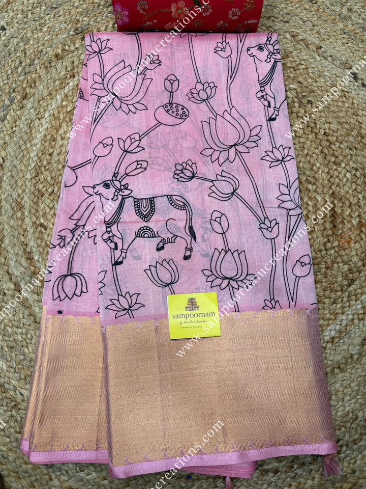 Baby Pink with Pichwai Outline Print , Tissue Rich Border and  rich Pallu  Silk Cotton Saree