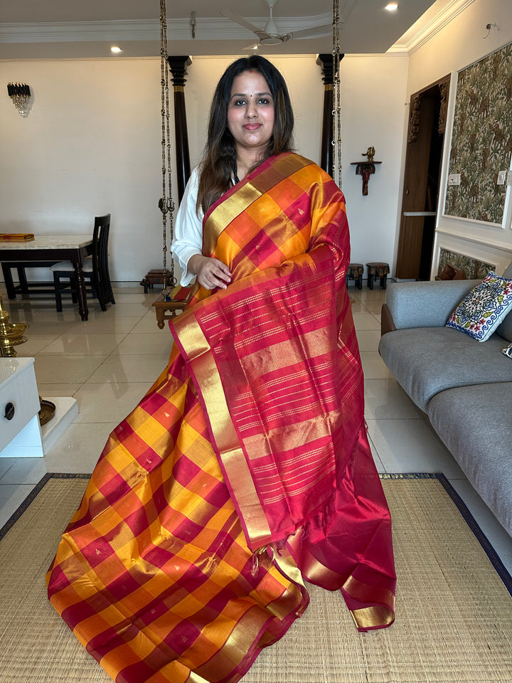 Pallum Pazham Checks With Butta , Red Border and Pallu Silk Cotton Saree