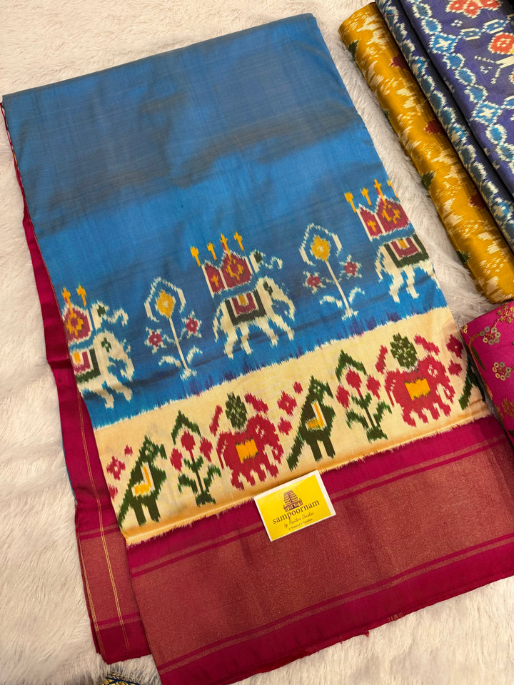 Blue with Pink and blouse design ,traditional border and rich Pallu Pochampally Ikkat Silk Saree