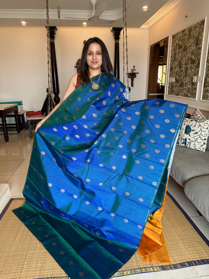 A New Concept Double Colour Pallu, Mayil Kazhuthu with Zari Motif in Body, Cement Grey and Mustard Zari butta Rich Pallu Pure Kanjivaram Silk Saree