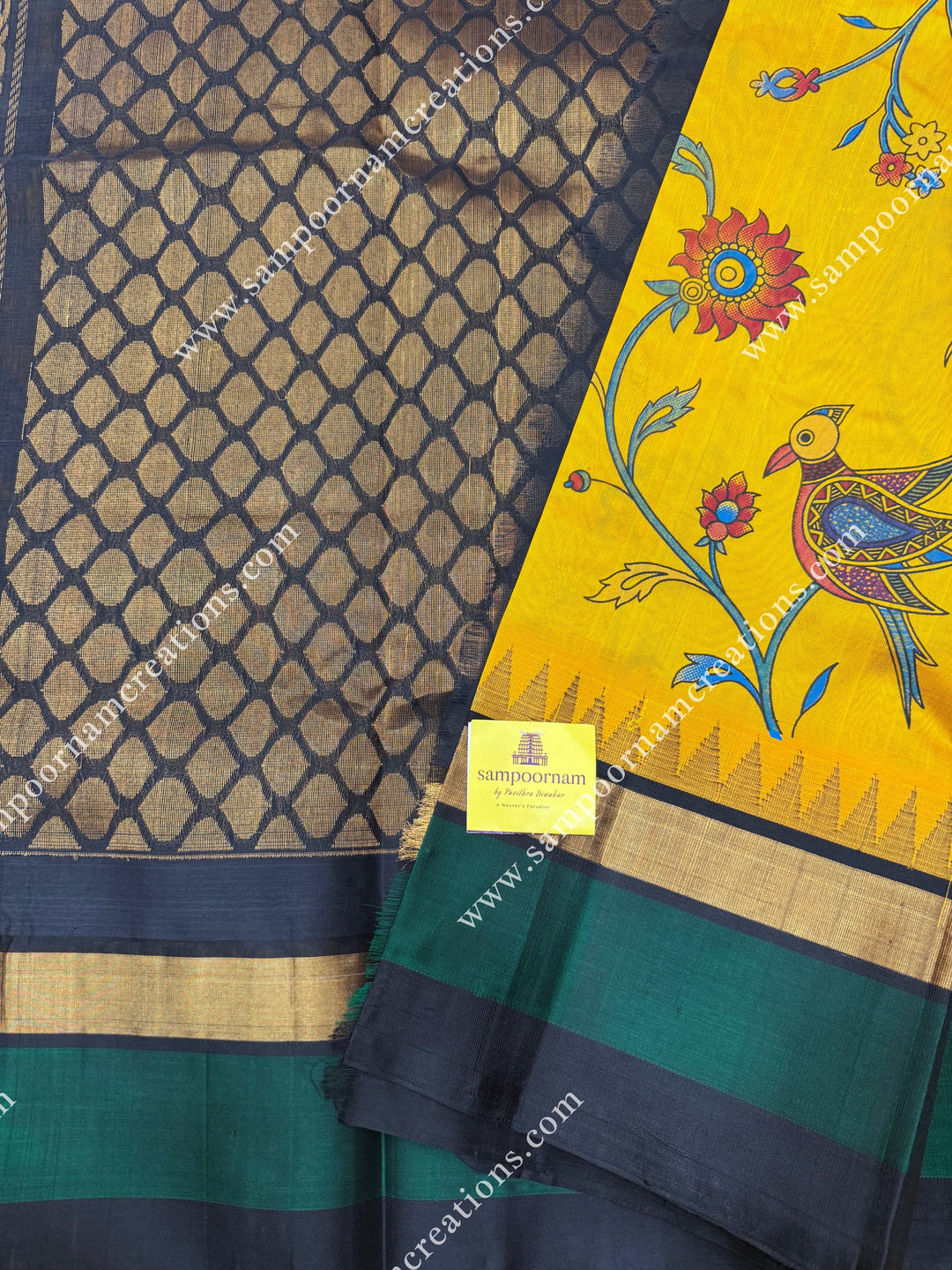 Manjal with Black , Floral Madhubani  Prints all over the body , Triple borders with Temple design and rich Pallu Korvai Silk Cotton Saree