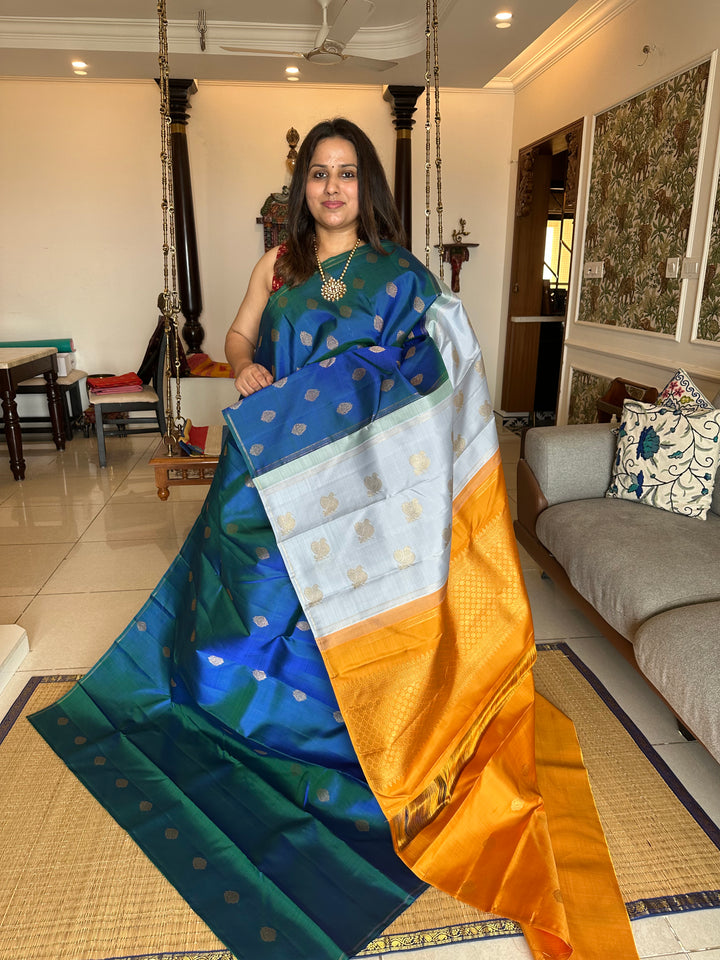 A New Concept Double Colour Pallu, Mayil Kazhuthu with Zari Motif in Body, Cement Grey and Mustard Zari butta Rich Pallu Pure Kanjivaram Silk Saree