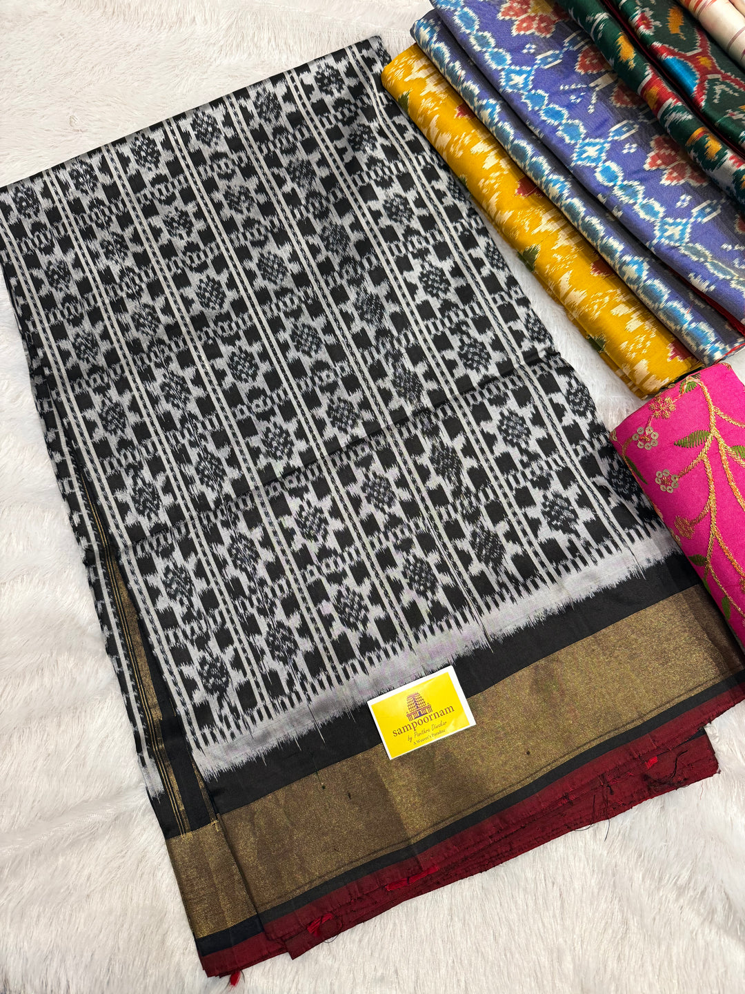 Black with White ,traditional border and rich Pallu Pochampally Ikkat Silk Saree