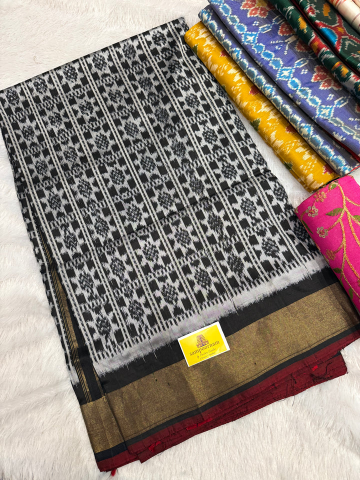 Black with White ,traditional border and rich Pallu Pochampally Ikkat Silk Saree
