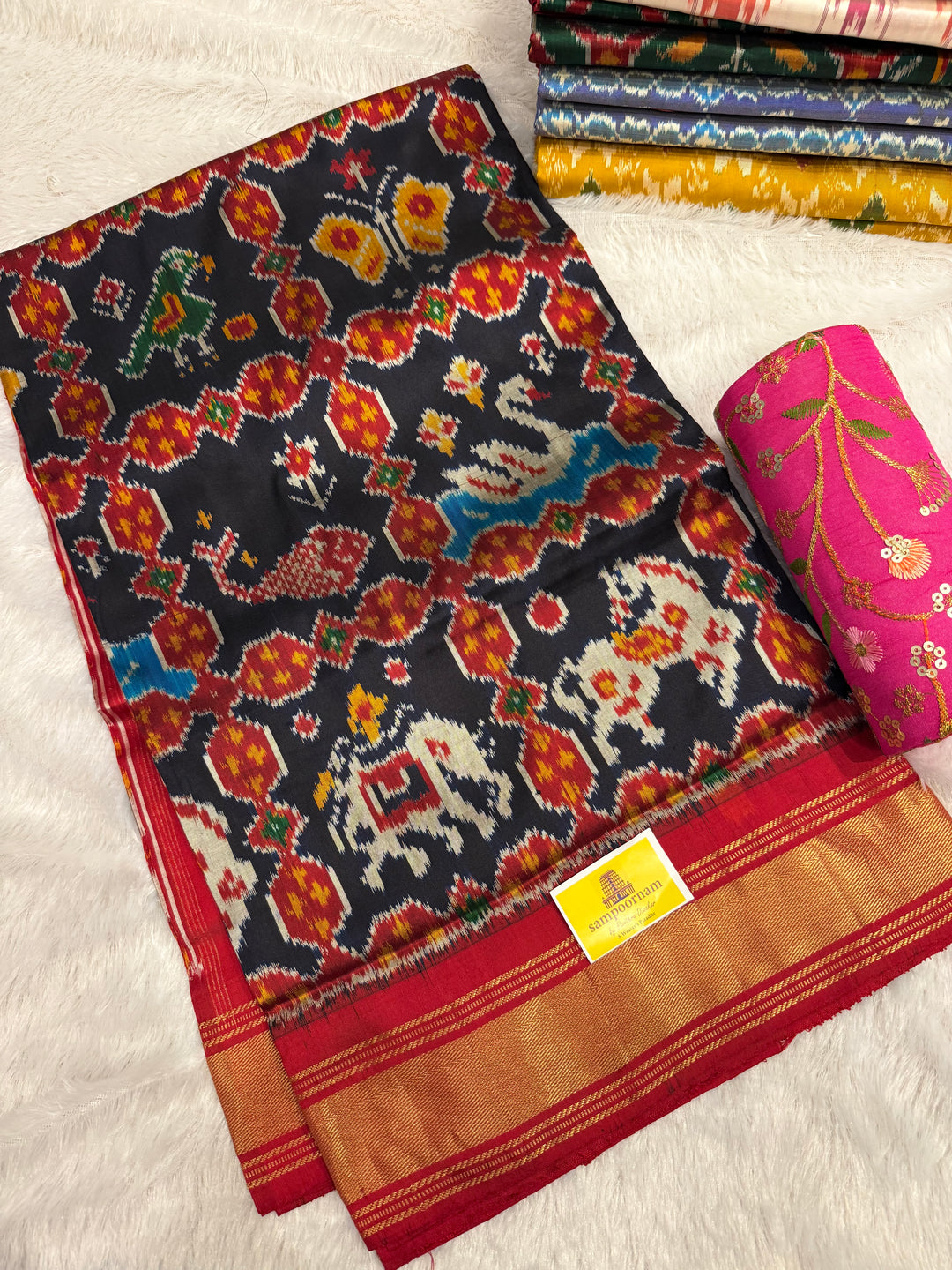 Blue with Red , Kanchi border and rich Pallu Pochampally Ikkat Silk Saree