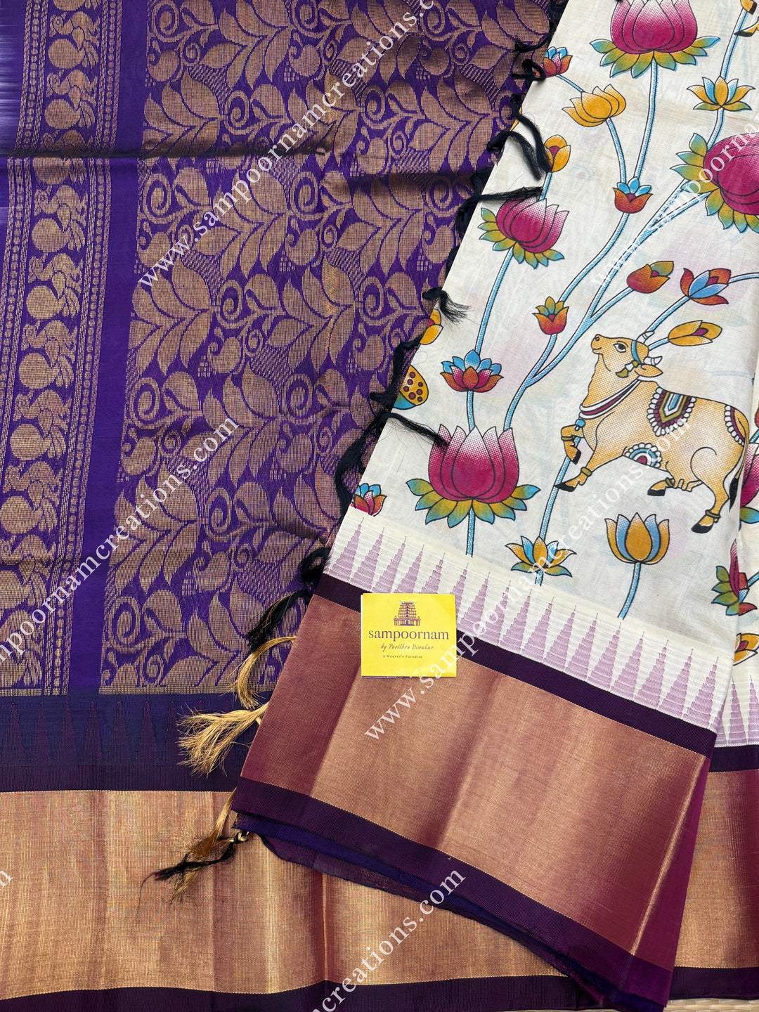 Offwhite with Wine , Temple design with  Traditional Borders and  rich Pallu Pichwai Printed Korvai Silk Cotton Saree