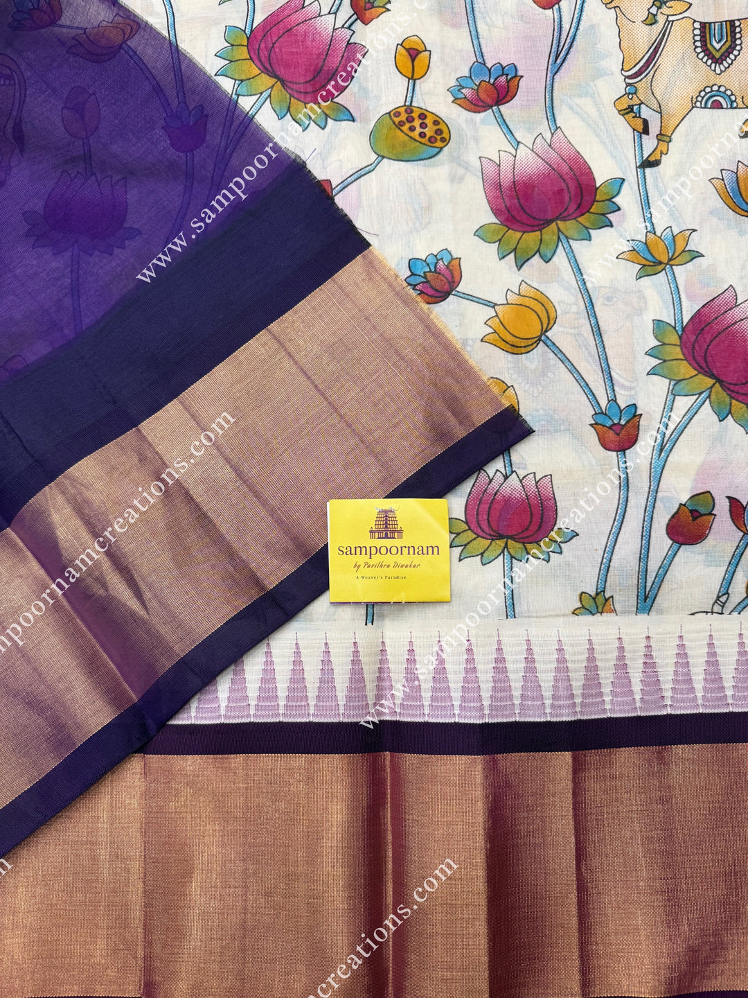 Offwhite with Wine , Temple design with  Traditional Borders and  rich Pallu Pichwai Printed Korvai Silk Cotton Saree