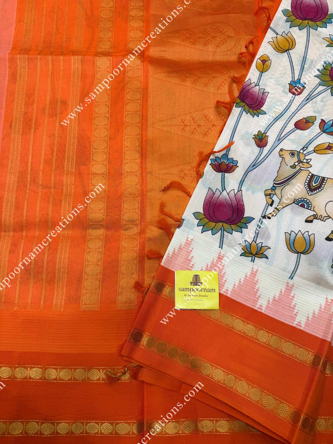 Offwhite with Orange  , Pichwai  Prints all over the body , Green and Orange Ganga Jamuna Border with Temple design  and Rich Pallu Korvai Silk Cotton Saree