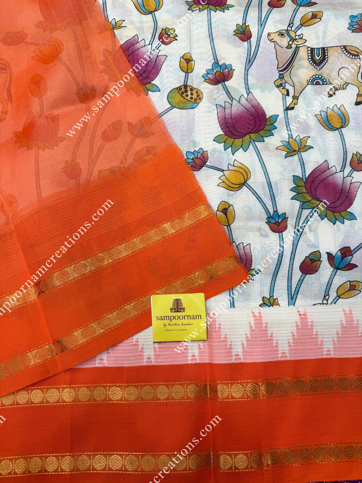Offwhite with Orange  , Pichwai  Prints all over the body , Green and Orange Ganga Jamuna Border with Temple design  and Rich Pallu Korvai Silk Cotton Saree