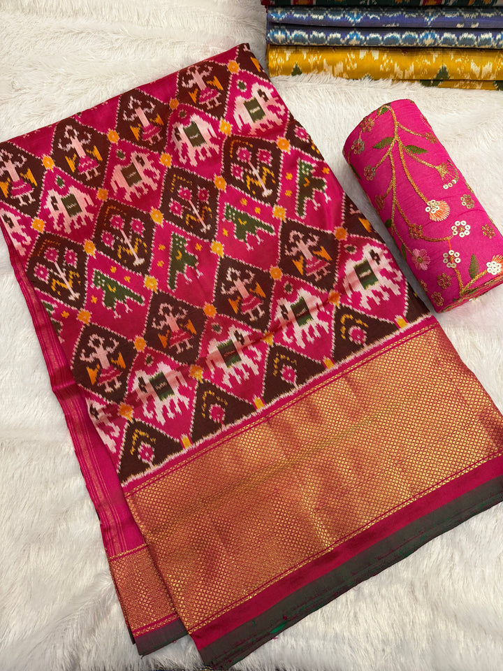 Pink with Zari border and Green selvedge , traditional border and rich Pallu , Pochampally Ikkat Silk Saree