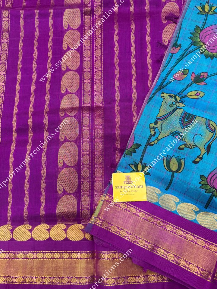 Greenish Blue with Magenta ,  Checks in the body and rettapet Borders and  rich Pallu Pichwai Printed Korvai Silk Cotton Saree