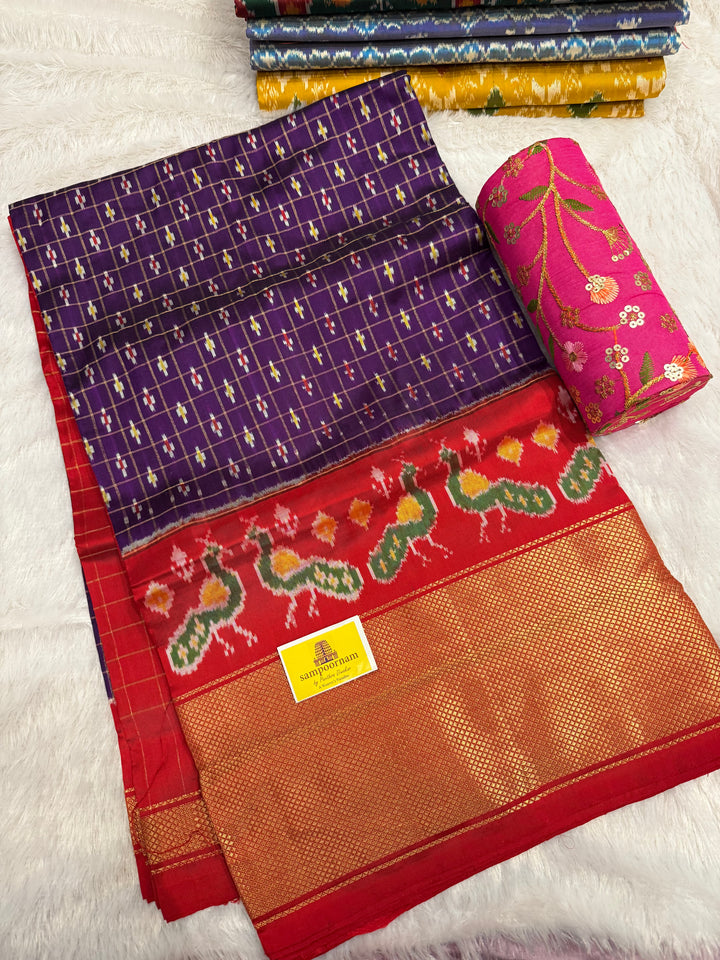 Purple with Red , rich Kanchi one side big border and grand Pallu with Blouse design Pochampally Ikkat Silk Saree
