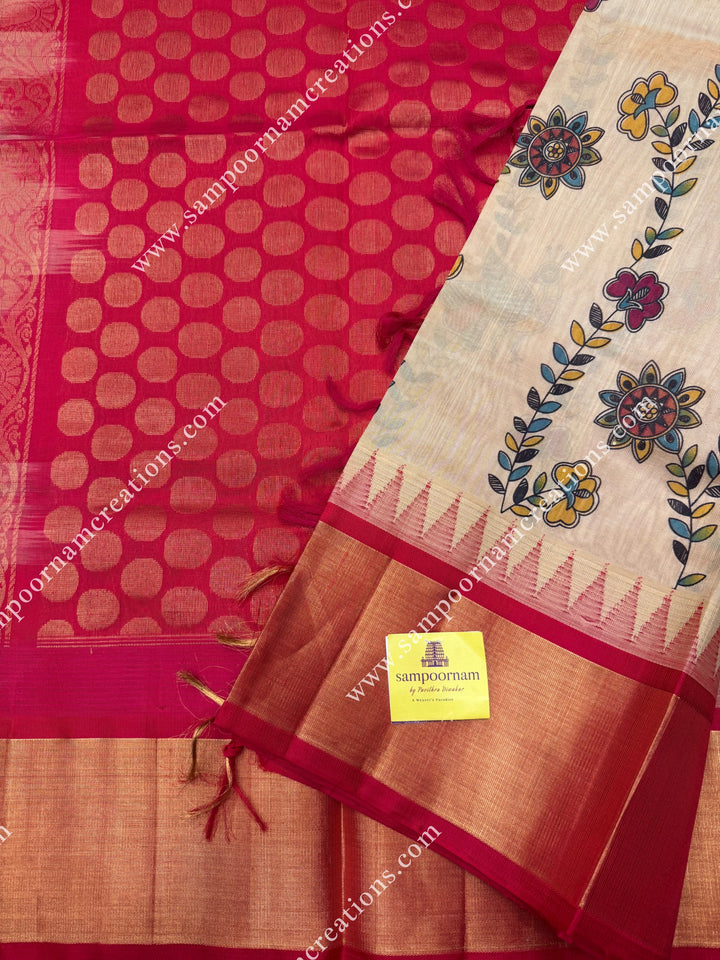 Dark Beige with Red , Floral Madhubani  Prints all over the body , Tissue borders with Temple design and rich Pallu Korvai Silk Cotton Saree