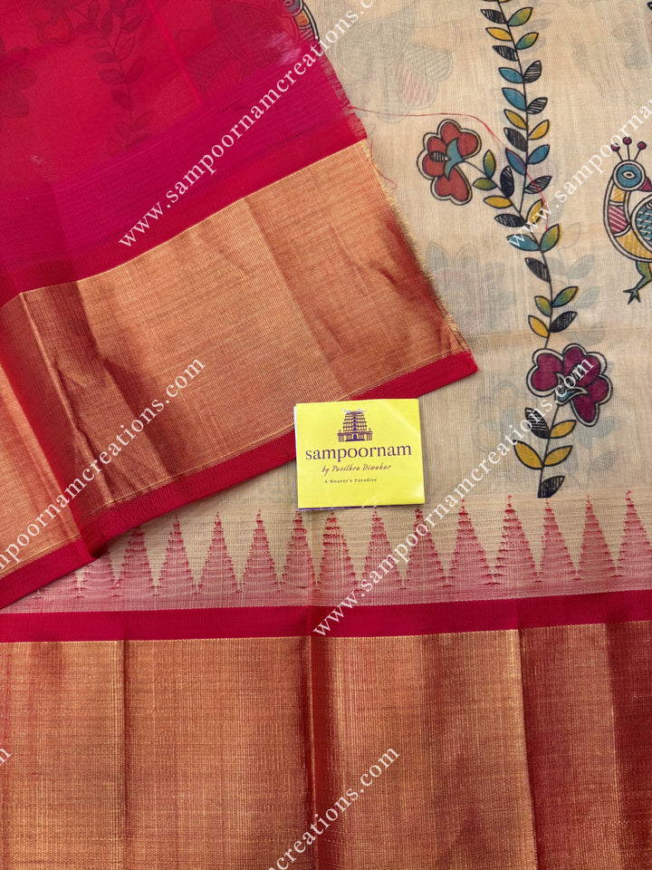 Dark Beige with Red , Floral Madhubani  Prints all over the body , Tissue borders with Temple design and rich Pallu Korvai Silk Cotton Saree