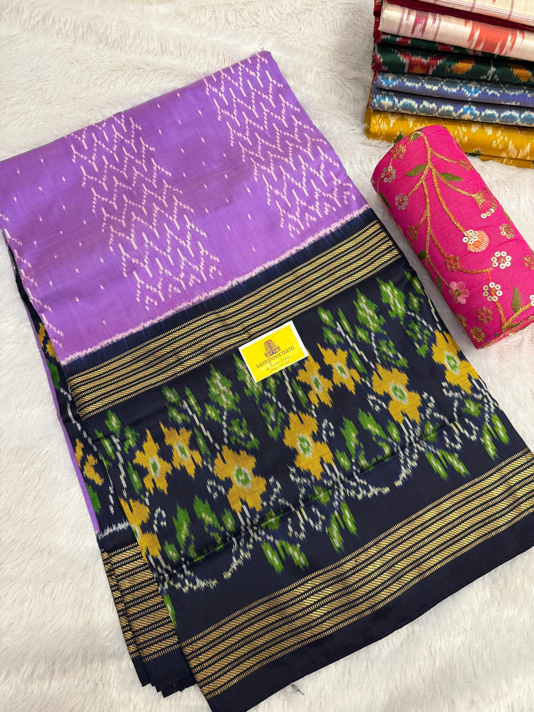 Lavender with Dark Blue , one side big border and blouse design ,rich Pallu Pochampally Ikkat Silk Saree