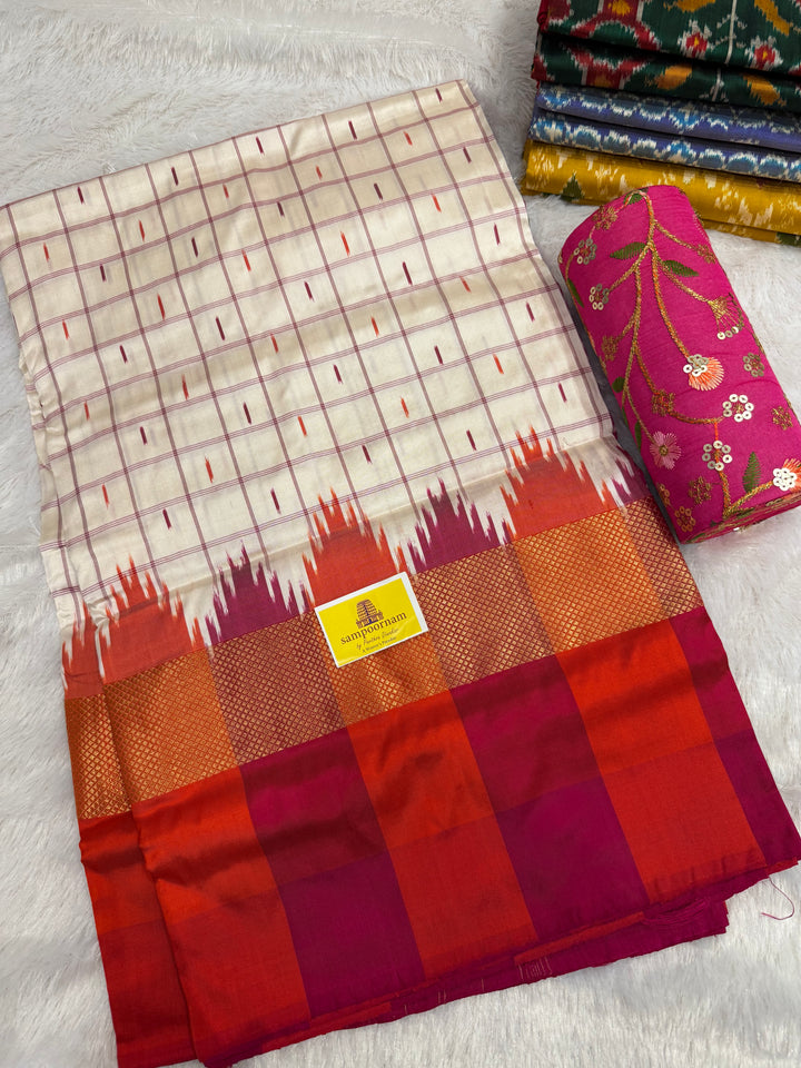 Offwhite with Pink , body checks and temple border , blouse design and rich Pallu Pochampally Ikkat Silk Saree