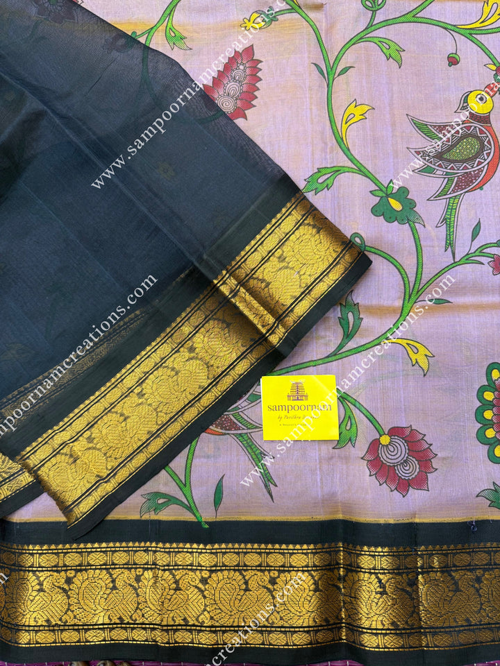 Double Shaded Lilac with Dark Blue , Floral Madhubani  Prints all over the body , Traditional borders and rich Pallu Korvai Silk Cotton Saree