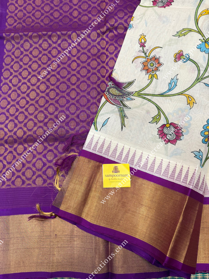 Offwhite with Dark Magenta , Floral Madhubani  Prints all over the body , Tissue Border with Temple design  and Rich Pallu Korvai Silk Cotton Saree