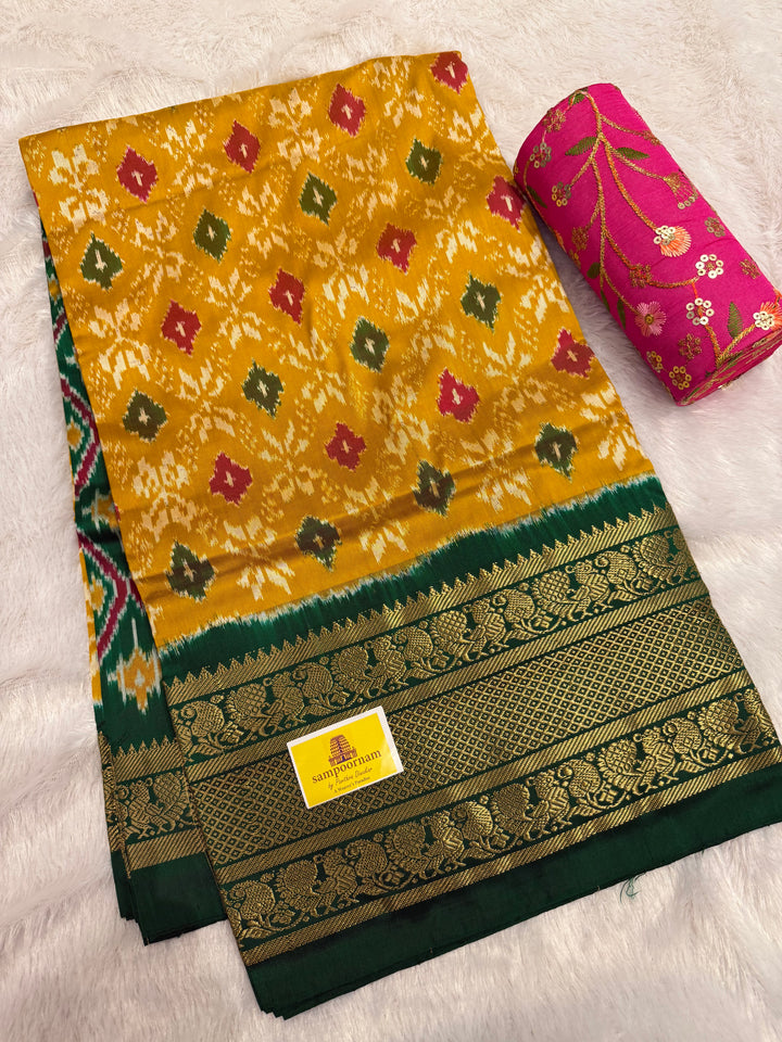Fenugreek with Green with Blouse design rich kanchi border with Grand Pallu Pochampally Ikkat Silk Saree