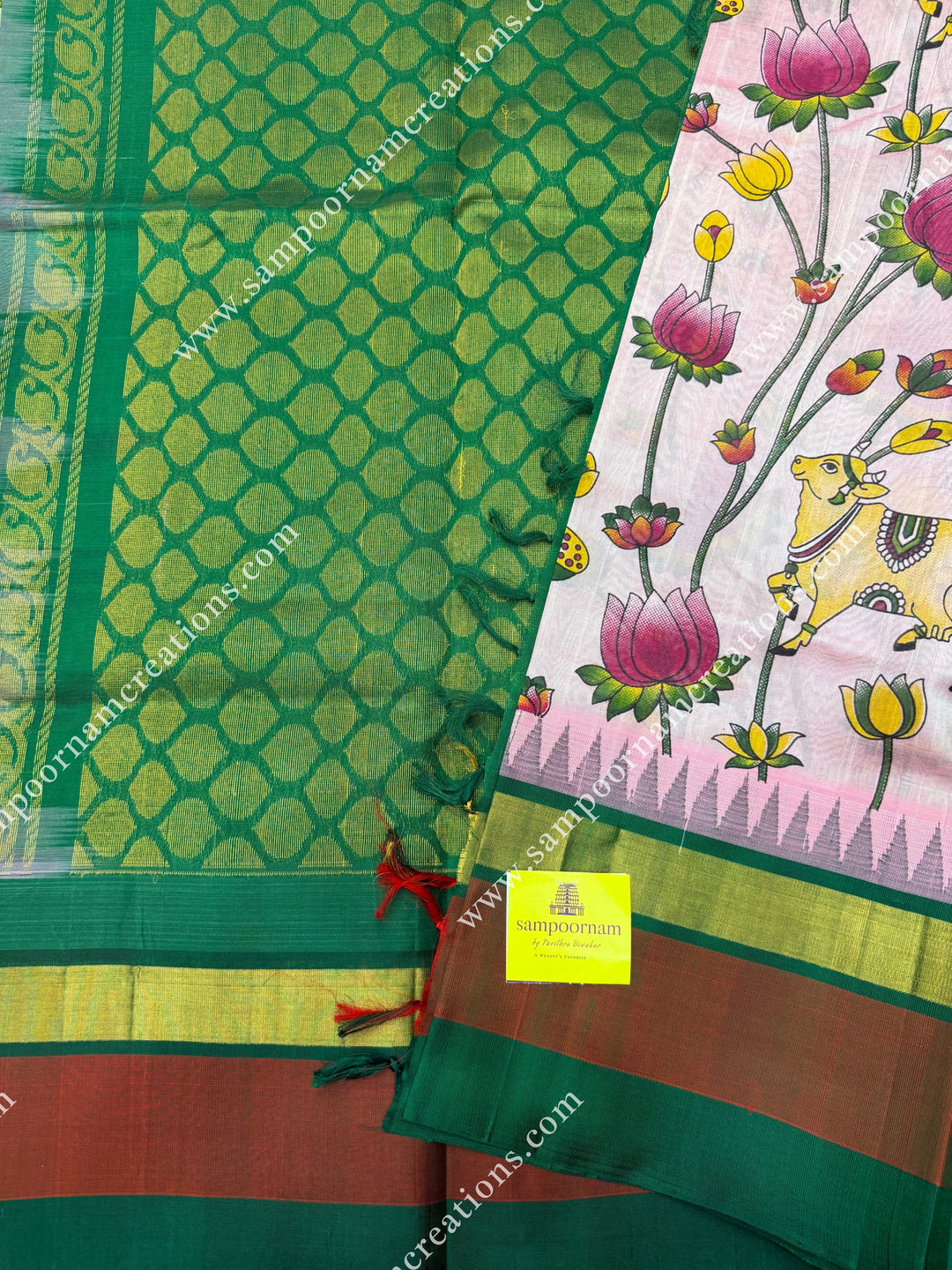 Baby Pink  with Green  , Pichwai  Prints all over the body , Triple Border with Temple design  and Rich Pallu Korvai Silk Cotton Saree
