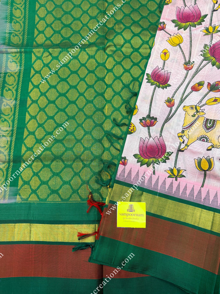 Baby Pink  with Green  , Pichwai  Prints all over the body , Triple Border with Temple design  and Rich Pallu Korvai Silk Cotton Saree