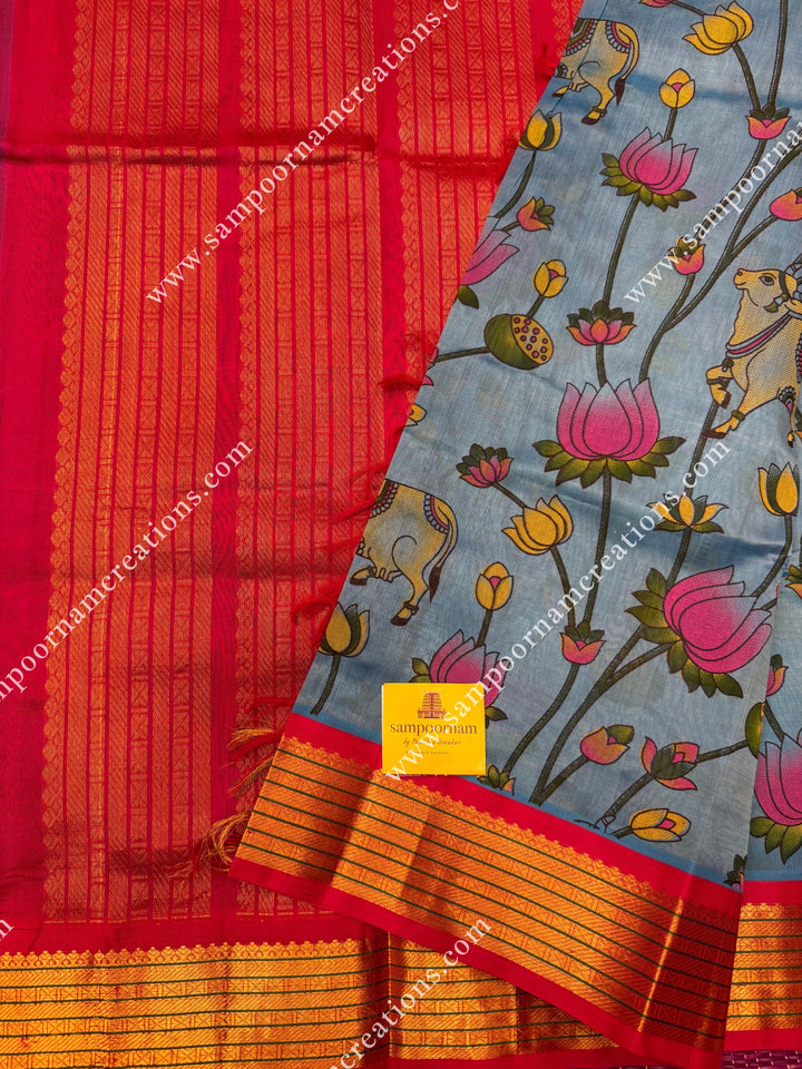 Ramar Blue with Pink , Traditional borders and Rich Pallu , Pichwai Printed Korvai Silk Cotton